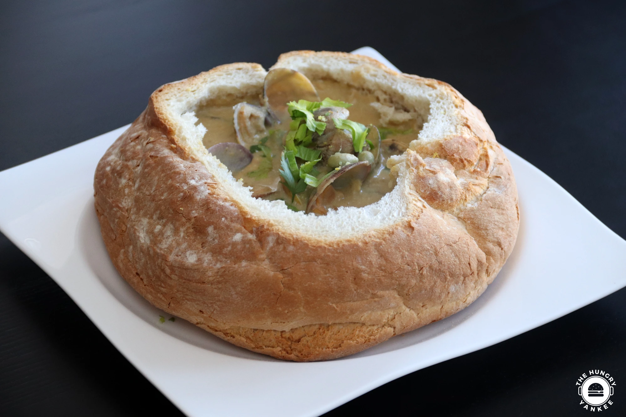 Clam chowder served in a bread bowl